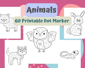 Pode incluir: Folhas de atividades de marcador de pontos imprimíveis em preto e branco com 60 animais diferentes, incluindo um porco, uma coruja, um coelho, um gato e um lagarto. As folhas são projetadas para que as crianças usem marcadores de pontos para colorir os animais.