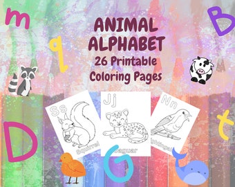 ABC Coloring Pages, Alphabet Animals Coloring Book, Printable Coloring Worksheets for Kids, Digital Download