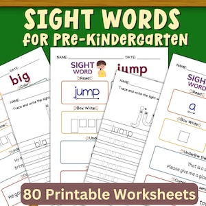 80 Printable Dolch Sight Words for Pre-Kindergarten, Pre-Primer Sight Words Activity Worksheets, High-Frequency Fry Words, Pre-K Handwriting
