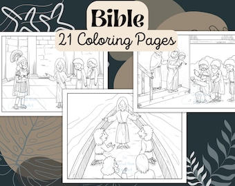 Puede incluir: Un conjunto de 21 páginas para colorear en blanco y negro que representan escenas de la Biblia. Las páginas representan varias historias bíblicas, incluyendo a Jesús enseñando, Jesús calmando la tormenta y Jesús sanando a los enfermos.