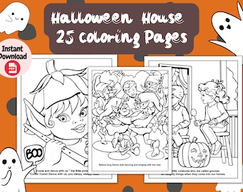 May include: A set of 25 black and white coloring pages featuring illustrations of a Halloween house, gnomes, and a pumpkin. The text "Halloween House 25 Coloring Pages" is at the top of the image. The text "Come and dance with us, the little pixie" and "Comet! Come! Dance with us, you sleepy, sleepy" is at the bottom of the image.