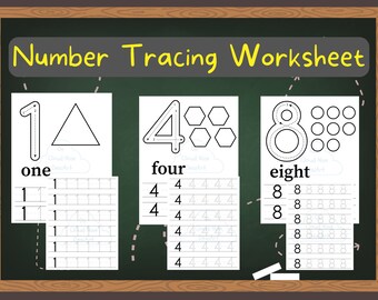 May include: A black chalkboard with the title "Number Tracing Worksheet". There are three white worksheets with dotted lines for tracing the numbers 1, 4, and 8. Each worksheet has a larger version of the number with arrows showing the tracing order. The worksheets also have smaller versions of the number for repeated practice.