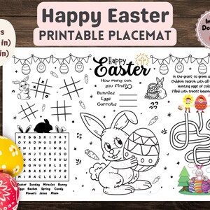 Easter Printable Placemat Kids, Easter Bunny Easter Egg Activity Sheet, Easter Party Games, Table Coloring Sunday School