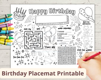 Birthday Placemat Printable, Happy Birthday Placemat, Birthday Favor, Birthday Party Activity Sheet, Party Games, Kids Party Coloring Pages