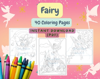 May include: A set of 40 printable coloring pages featuring fairies. The pages include fairies flying, fairies sitting on mushrooms, and fairies with wings. The text "Fairy 40 Coloring Pages Instant Download (PDF)" is at the top of the image.