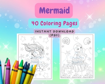 Mermaid Coloring Book, 40 Printable Kids Activity Pages (Digital Download)