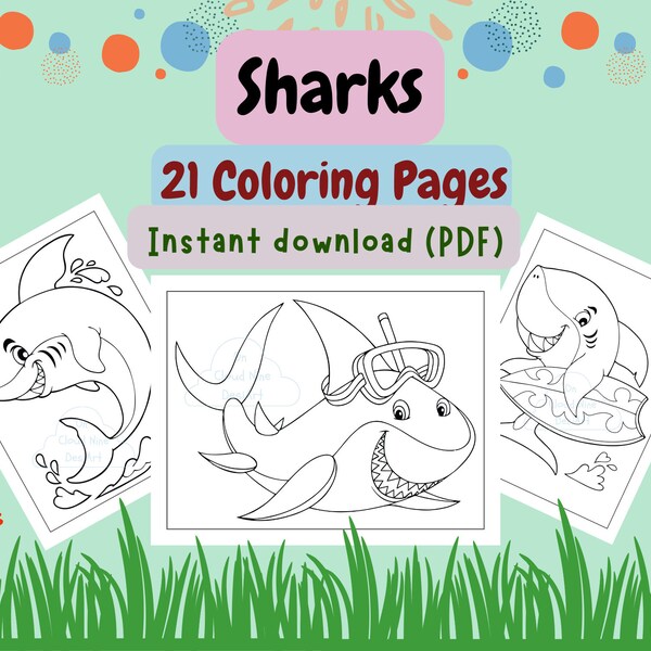 Sharks Coloring Pages, Cute Sharks Coloring Book for Kids, Sharks Printable Activity Sheets for Kids, Pirate Sharks, Digital Download