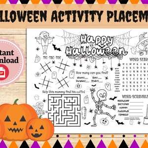 Halloween Activity Placemat, Halloween Coloring Placemat for Kids, Kids Halloween Party Placemat, Activity Worksheet, Printable Placemat