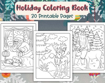 Printable Kids Christmas Coloring Pages, Holiday Coloring Sheets, Christmas Kids Coloring Pages, Christmas Tree Santa Claus Snowman Reindeer