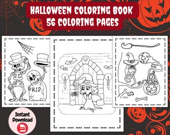 May include: Black and white coloring book pages featuring Halloween themes. The pages include a skeleton, a witch, a graveyard, and a pumpkin. The book has 56 coloring pages.