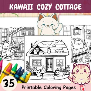 Kawaii Cozy Cottage Coloring Book, Kawaii Bold and Easy Coloring for Kids, Cute Cozy Kawaii Coloring Pages, Fall Autumn Relaxing Coloring
