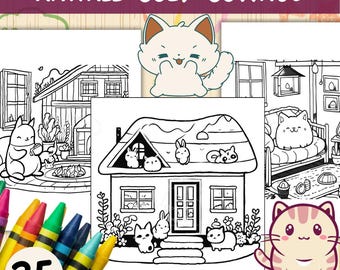 Kawaii Cozy Cottage Coloring Book, Fall Autumn Coloring Pages (PDF Download)