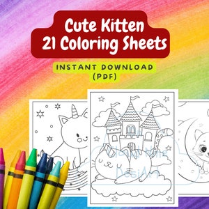Kitten Coloring Pages, Cute Kitten Coloring Book, Printable Activity Sheets for Kids, Cat Unicorn Kitty, Rainbow Cats, Digital Download