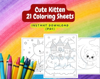 Kitten Coloring Pages, Cute Kitten Coloring Book, Printable Activity Sheets for Kids, Cat Unicorn Kitty, Rainbow Cats, Digital Download