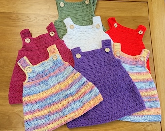 Handmade crochet Baby Pinafore Dresses. Various colours in sizes 0-3 months & 3-6 months