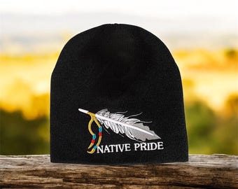 Native Pride Beanie with Embroidered Feather