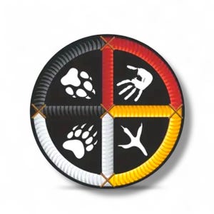 May include: A circular Native American design with a black background, divided into four sections by red, yellow, white, and brown lines. Each section features a white symbol: a paw print, a handprint, a bird footprint, and a bear paw print.