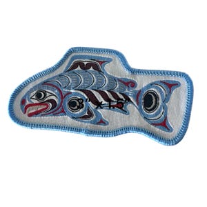 Indigenous Canadian Salmon Embroidered Iron On Patch - 1.5” x 3”