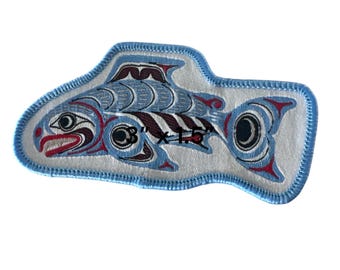 Indigenous Canadian Salmon Embroidered Iron On Patch - 1.5” x 3”