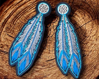 Native Feather - Turquoise and Silver Embroidered Iron On Patch