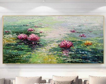 Large Lotus Canvas Oil Painting Abstract Landscape Painting Original Lotus Pond Painting Hand Summer Texture Painting, Living Room Decor Art