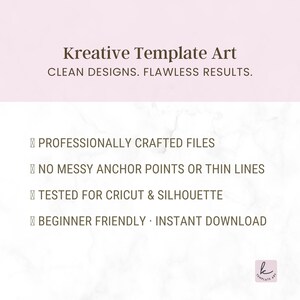 Op de afbeelding: Een afbeelding met de tekst "Kreative Template Art" en de slogan "Clean Designs. Flawless Results." De afbeelding bevat functies zoals professioneel vervaardigde bestanden, getest voor Cricut & Silhouette en direct downloaden voor beginners.