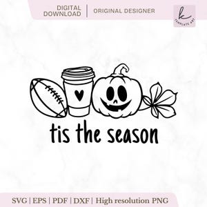 May include: A black and white digital graphic design featuring a football, a coffee cup with a heart icon, a smiling jack-o'-lantern pumpkin, and a leaf, with the text 'tis the season' written in a simple sans-serif font below the icons.