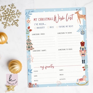 Hermosa lista de deseos navideños para niños de color azul claro, lista de deseos de regalos imprimibles, lista de deseos navideños para niños, lista de deseos navideños para niños, carta a Santa