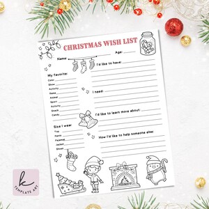Página para colorear de la lista de deseos de los elfos navideños para niños en formato PDF. Hermosa hoja de actividades en tamaño carta de 8,5 x 11 pulgadas. Ideas para regalos navideños. Lista de deseos para amigos y familiares.