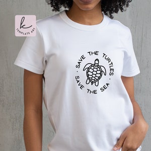 May include: White t-shirt with a black graphic of a sea turtle and the text "Save the Turtles. Save the Sea."