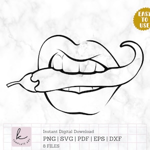May include: A black and white line drawing of a pair of lips biting into a chili pepper. The lips are full and pouty, and the chili pepper is curved and has a pointed tip.