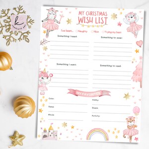 Niedliche Rosa Aquarell Weihnachtswunschliste für Kinder Png Feiertage SVG Xmas Prinzessin Herzen Puppen Ballerinas Geschenk Liste Comfi Gemütliche Familienzeit
