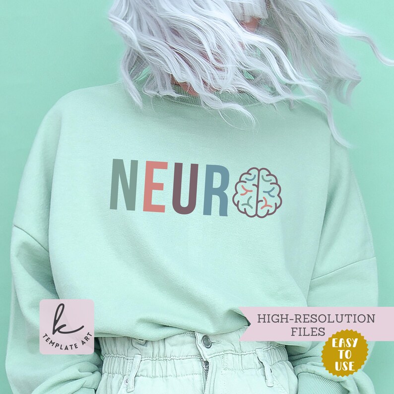 Pode incluir: Uma camisa de moletom verde claro com a palavra "NEURO" em letras coloridas e um gr&aacute;fico de c&eacute;rebro estilizado.