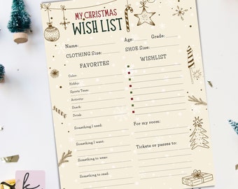 May include: A printable Christmas wish list with a festive design featuring snowflakes, candy canes, and a star. The list includes sections for clothing size, shoe size, favorites, and a wishlist.