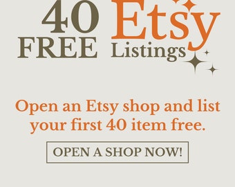 Codice gratuito per 40 inserzioni gratuite quando apri un negozio Etsy, NON C'è bisogno di ACQUISTARE questa inserzione, usa questo link di riferimento Etsy gratuito per aprire il tuo negozio.