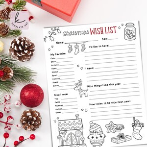 Página para colorir da lista de desejos de Natal para crianças em PDF, linda folha de atividades em tamanho carta 8,5 "x 11", ideias de presentes de feriado para amigos e família Jpg.