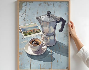 Moka Pot Espresso Nostalgic Digital Art, Printable Kitchen Wall Art, Bar Cart Italian Print, Italy Summer Coffee Decor, Gift for Italians