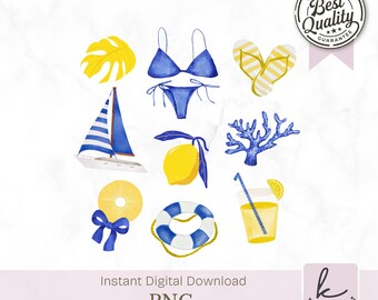 Watercolor Summer Beach Clipart, Coastal PNG Illustration (Digital Download)