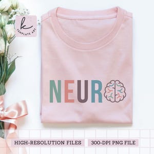 Pode incluir: Uma camiseta rosa com a palavra "NEURO" em letras coloridas e um gr&aacute;fico de c&eacute;rebro. O gr&aacute;fico est&aacute; em tons de rosa, azul e verde.