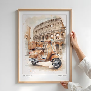 Vespa w Koloseum w Rzymie, akwarela, włoski plakat podróżniczy, dekoracja ścienna Rzym Włochy, prezent dla miłośników Włoch, wydruk zabytkowego skutera