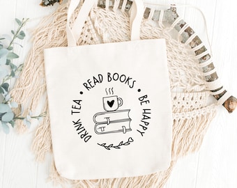 Drink Tea Read Books Be Happy Svg, Tea Lover Badge Png, Cozy Self Care Svg, Round Logo Tote Cut File