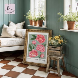 Ilustración de arte de pared de peonías, decoración floral botánica rosa, póster moderno para sala de estar, decoración de pared floral, regalo para hija
