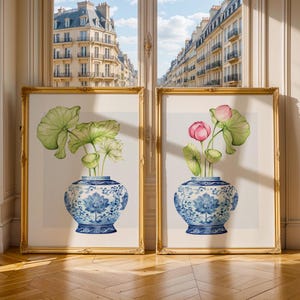 Arte de pared chinoiserie, póster de jarrón azul chino de Delft, porcelana china, decoración del hogar, estilo Toile de Jouy, arte floral para sala de estar, 2 impresiones de Delft, regalo