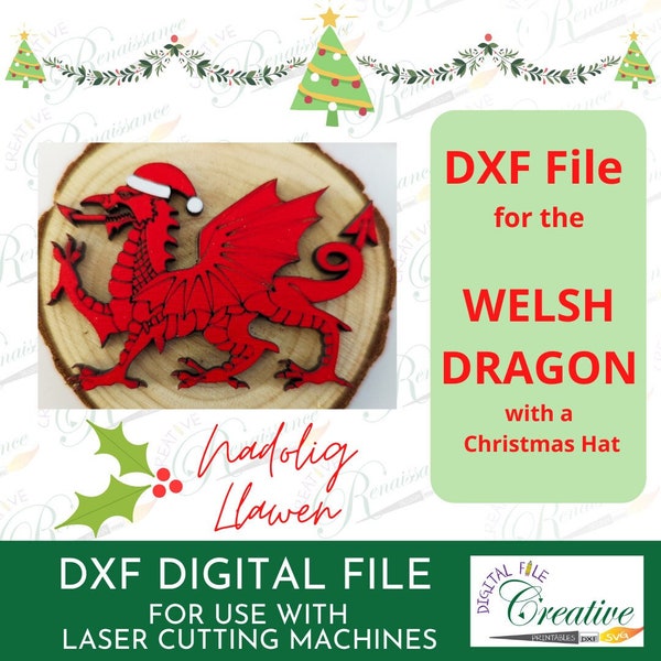 Welsh Dragon DXF / Christmas Welsh Dragon file / Y Ddraig Goch DXF / Nadolig Llawen Digital File / Laser Cut Welsh Dragon with Christmas Hat