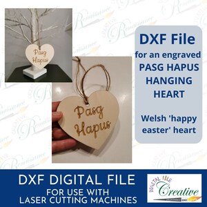 Puede incluir: Un archivo digital para un adorno de corazón de madera cortado con láser con la frase galesa "Pasg Hapus" que significa "Feliz Pascua".