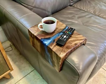 Live Edge Walnut & Epoxy "River" Couch Arm Table | Handmade | Sofa Tray | coffee table | Sofa sleeve tray | C-shaped side table | Gift idea