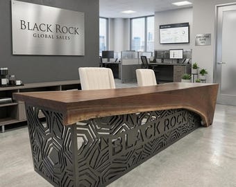 Walnut Live Edge Reception Desk with Custom Steel CNC Base