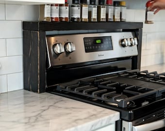 Handmade Wood Stove Top Shelf | Rustic Farmhouse Kitchen Spice Storage | Over The Stove Spice Rack | Unique Rustic Kitchen Organizer