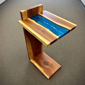 Handmade Live Edge Blue Epoxy River RedWood C Table | Modern Walnut Sofa Side Table | Couch Slide Under Table | Solid Wood Furniture