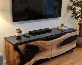 Live Edge Oak & Black Epoxy Custom TV Console | Handcrafted by Woodenlox